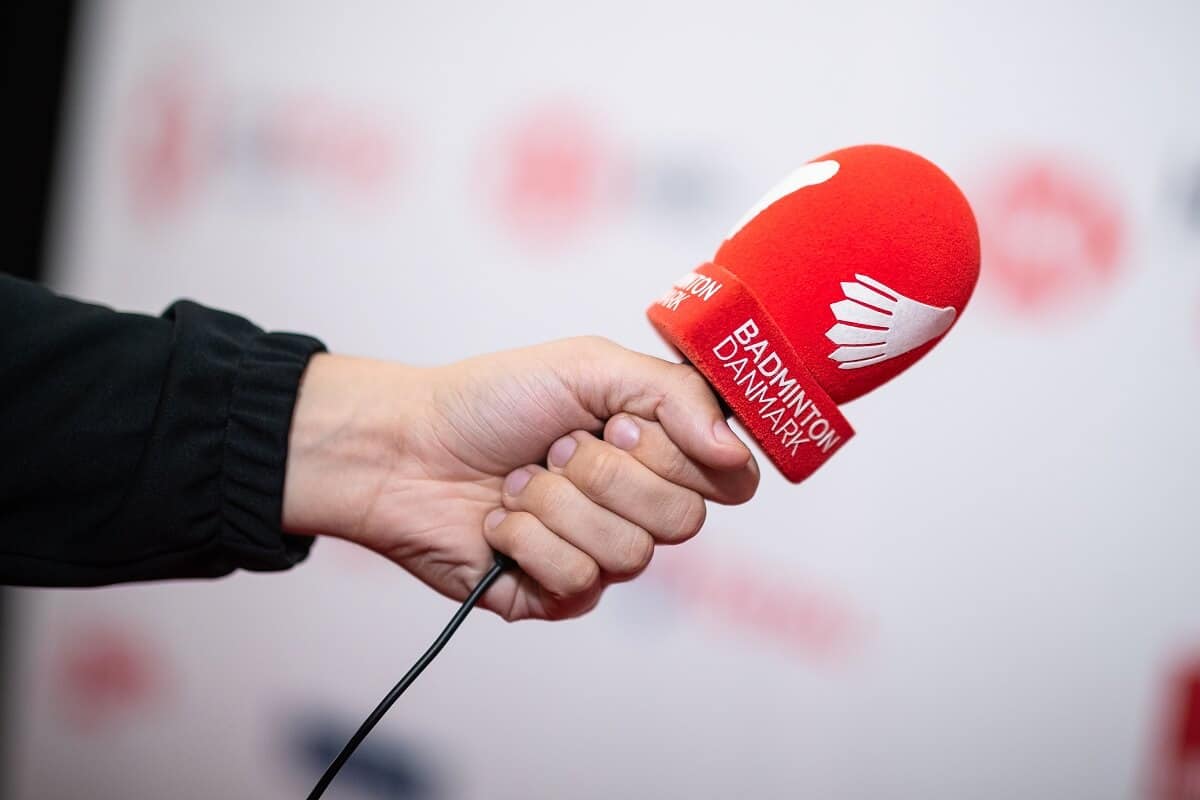 ODENSE, DENMARK - OCTOBER 17: Denmark Open Badminton at Odense Idrætspark on October 17, 2019 in Odense, Denmark. (Photo by Allan Hogholm) - Presse - Mikrofon - Mixed Zone - Badminton Danmark - Kommunikation